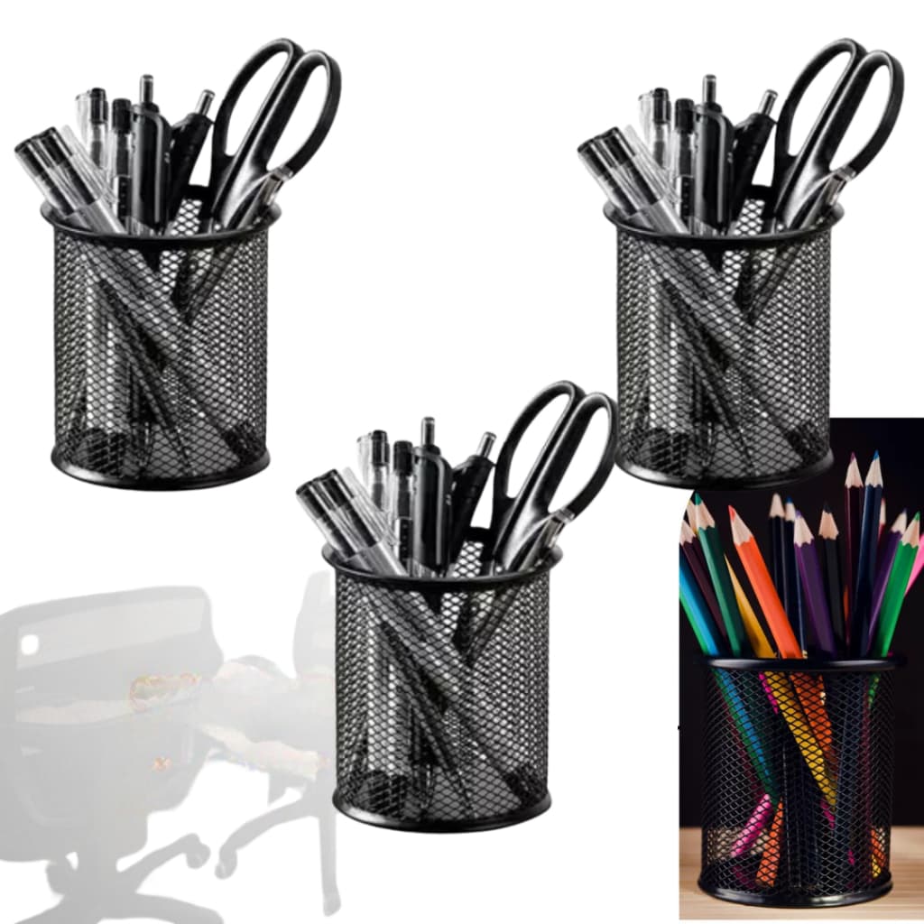 Kit 3 Porta Lápis Caneta Organizador de Mesa de Escritório Metal Aramado Papelaria