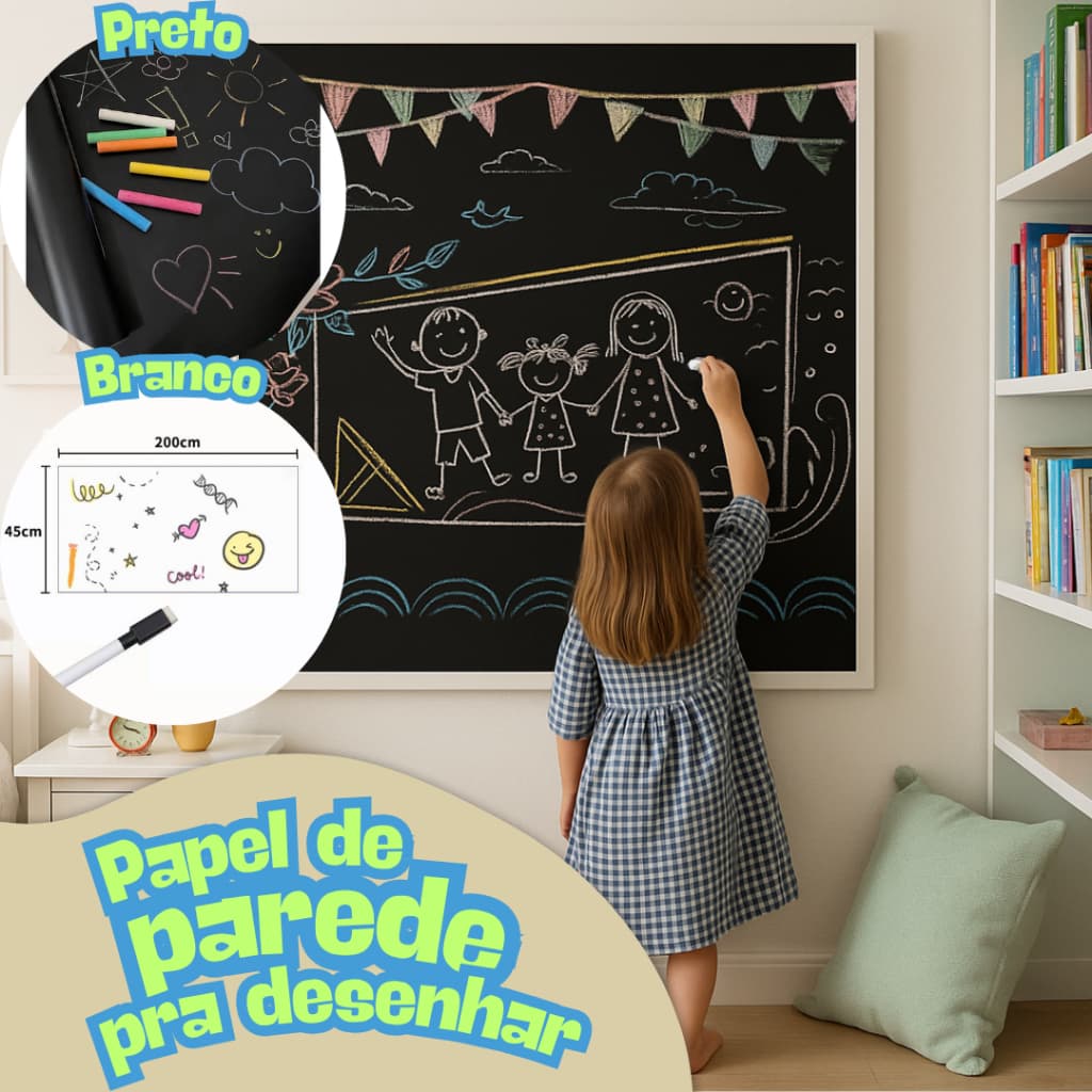 Papel de Parede Adesivo Lousa Branco/Negro 2m | Para Desenhar e Apagar Lavável Decoração Criativa