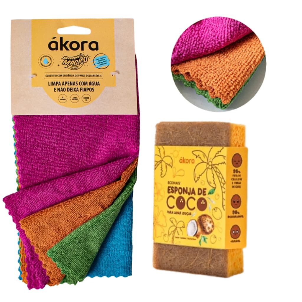 Kit de Limpeza Akora Ecológico= 4 Panos Multiuso Sem Costuras + 1 Esponja de Coco