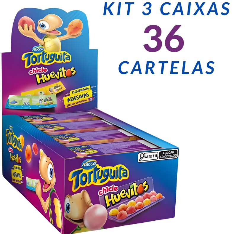 Kit com 36 cartelas Chiclete Tortuguita Huevitos Com 12 Cartelas cada  + Figurinhas - Arcor
