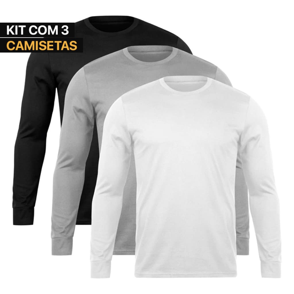 Kit 3 Camisetas Manga Longa Masculina Malha Fria Premium Poliéster Blusa Casual Treino Preto Branco Cinza Azul Frio