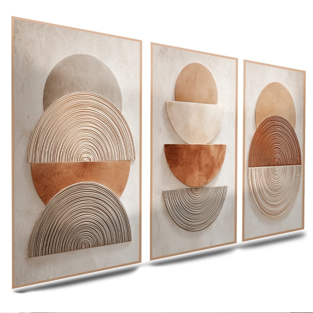 Quadro Decorativo 3 Peças Abstrato Geométrico Moderno Tons Neutros Sala Escritório