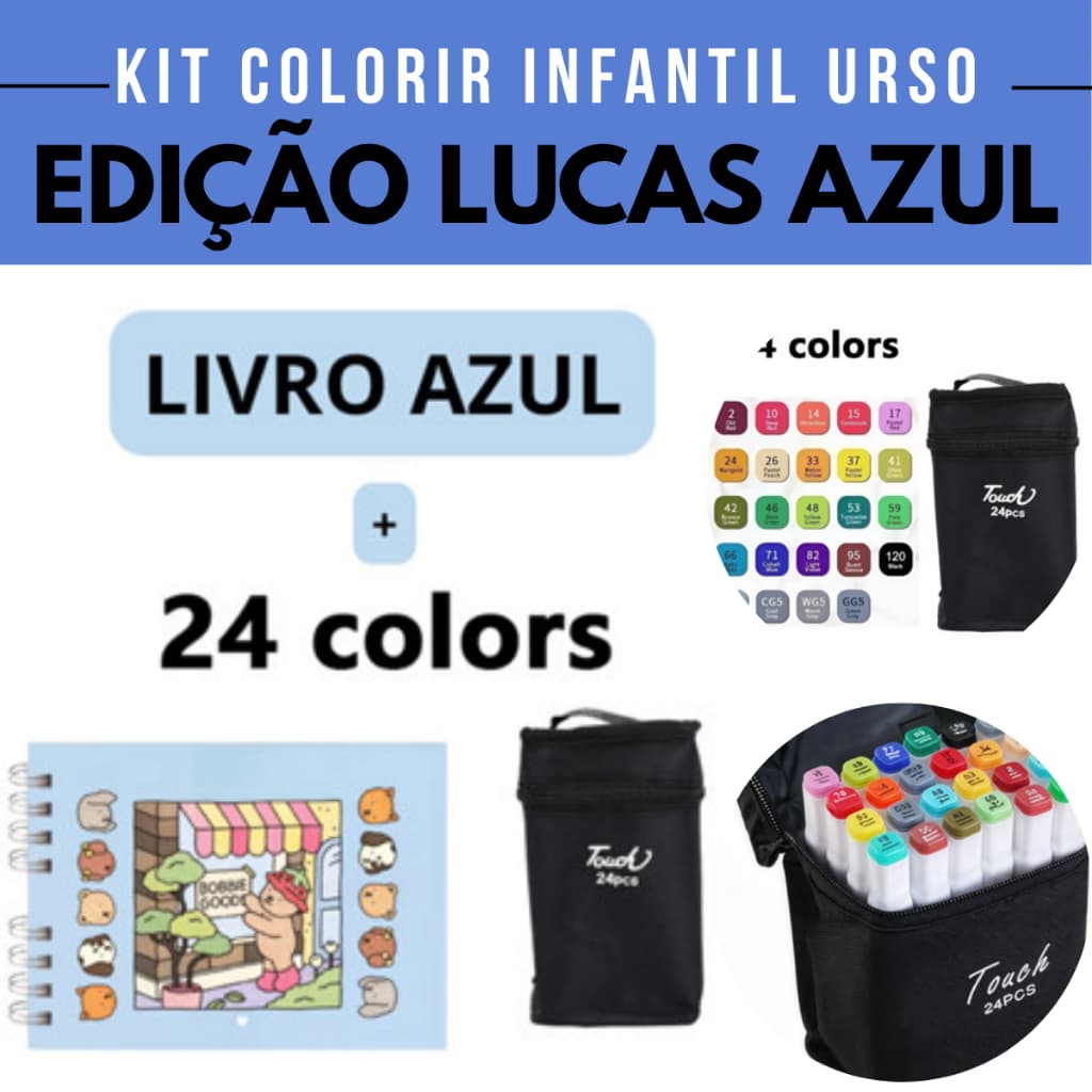 Kit Livro Colorir URSO  (Azul) + 24 Canetas