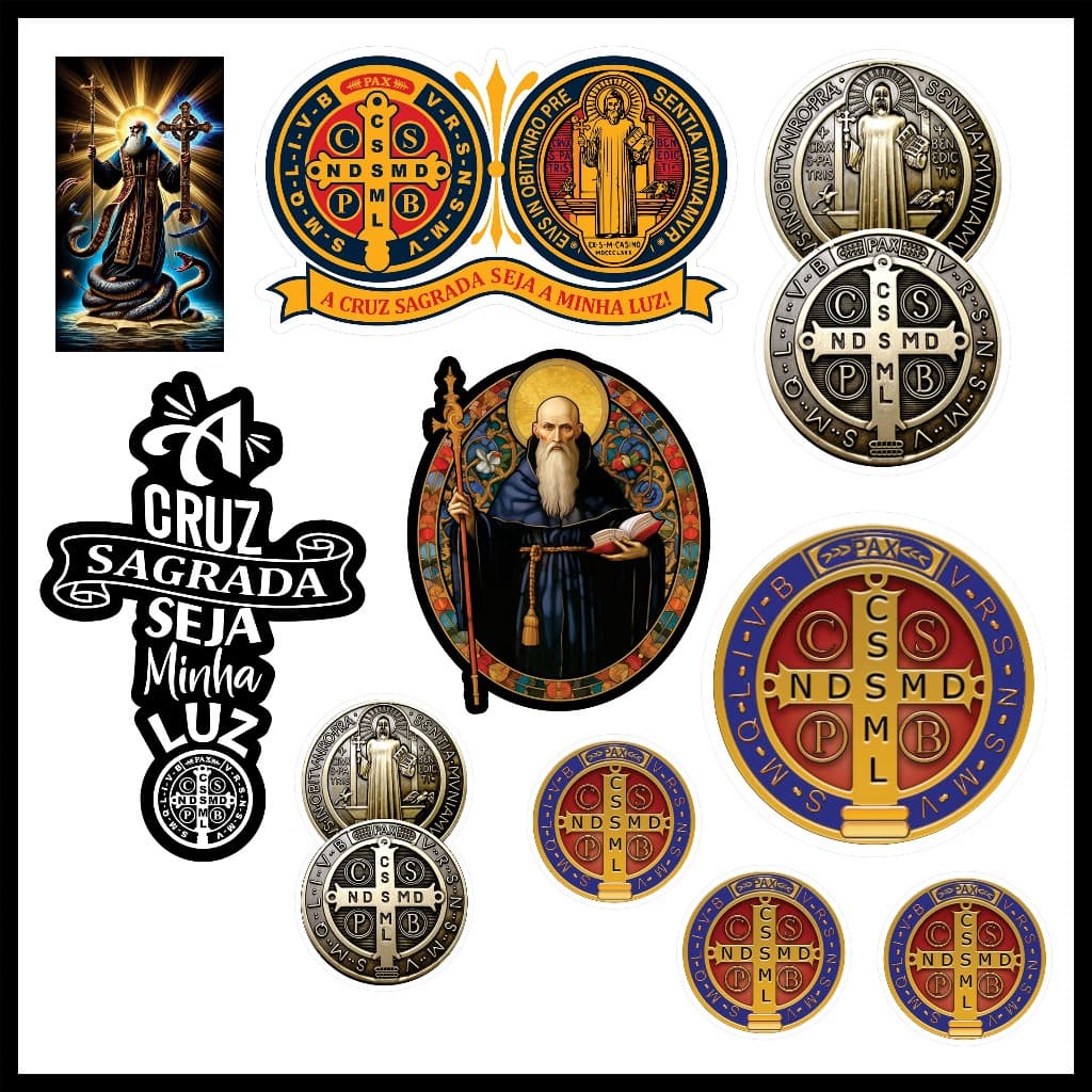 10 Adesivos São Bento medalhão e cruz sagrada