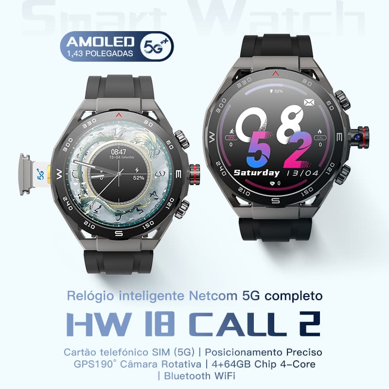Relógio Smartwatch 4g/5g HW18 Call2 Android Entrada Chip e Câmera Frente e Verso 16gb Memoria Interna e 2gb Ram