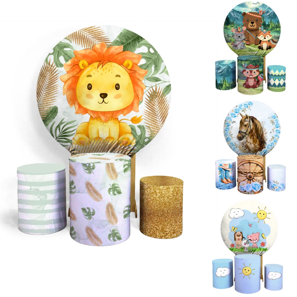 Kit Painel Animais Safaria + Trio Completo Bichos Fofos Aniversario Festa Criança