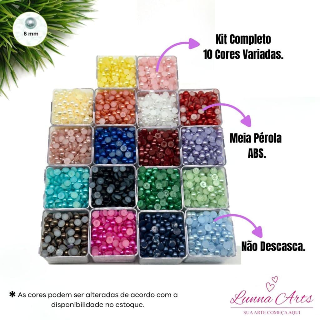 Kit Meia Pérola 8mm Abs 10 Cores 1.000 unidades Para Artesanato Customização
