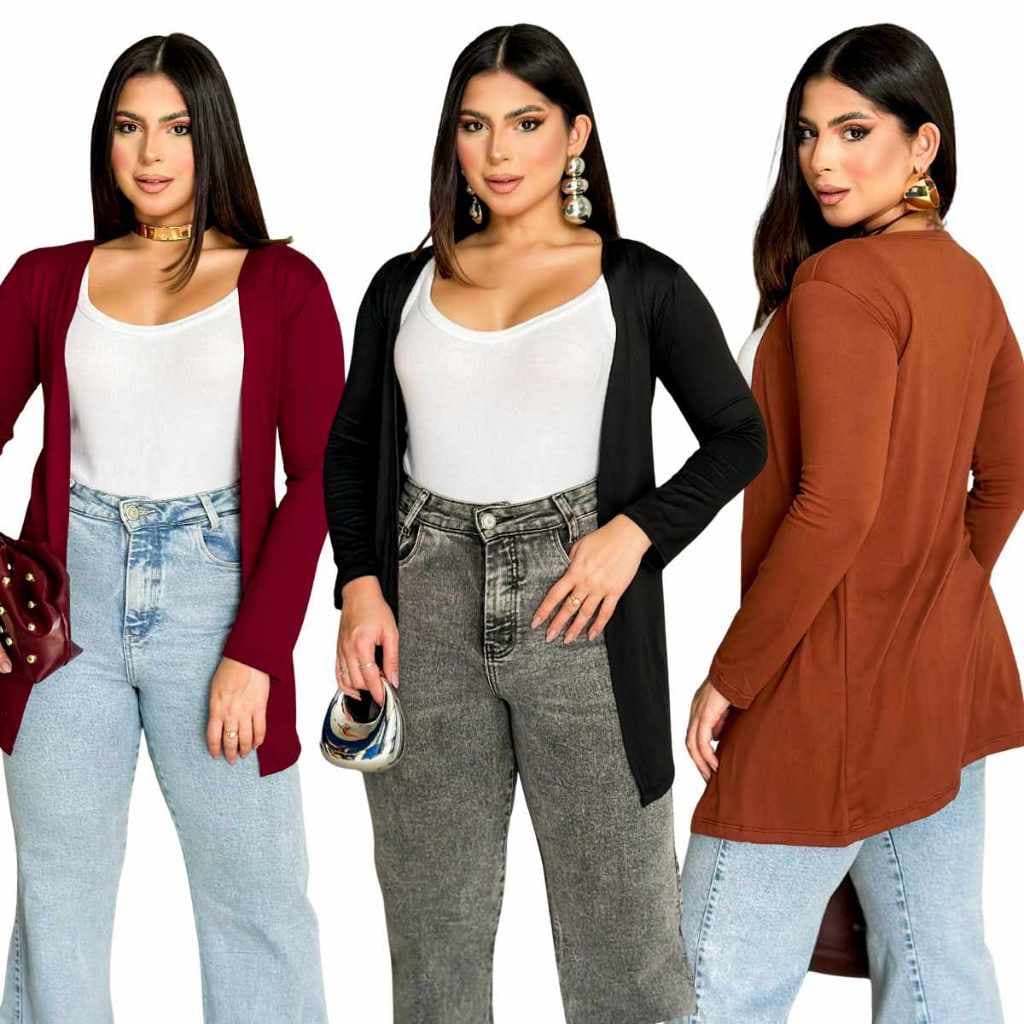 Casaco Cardigan Feminino Kimono Alongado em Suede Aberto Casual Social Confortável Blusa Manga Longa Inverno