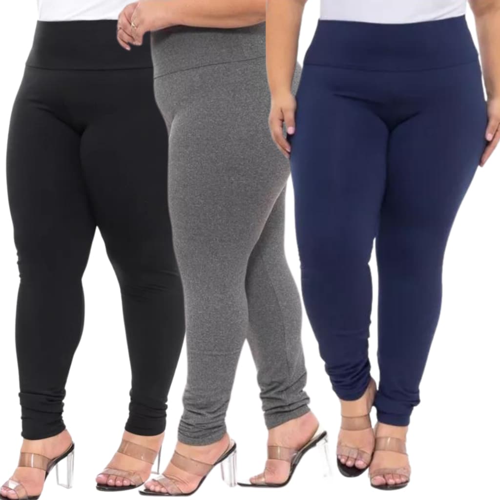 Kit 3 Leg Legging Legão Plus Size Do G1 ao G3 Preta Cinza e Azul Marinho Suplex Grossa Academia Fitness Levanta Bumbum