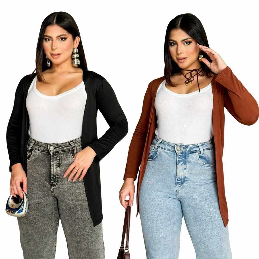 Kit 2 Casacos Cardigan Feminino Kimono Alongado em Suede Aberto Casual Social Confortável