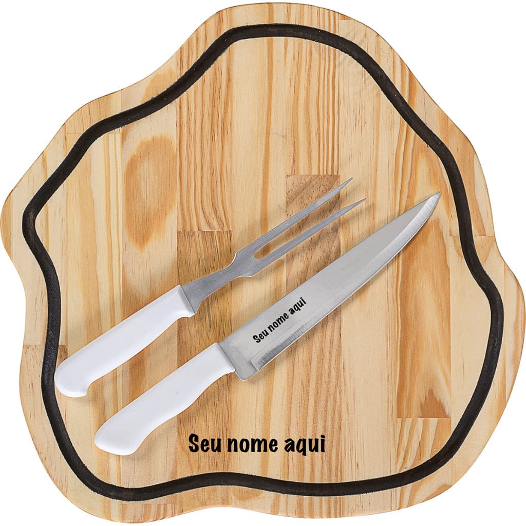 Tábua de Churrasco Rústica em Madeira Pinus com Talheres Personalizados