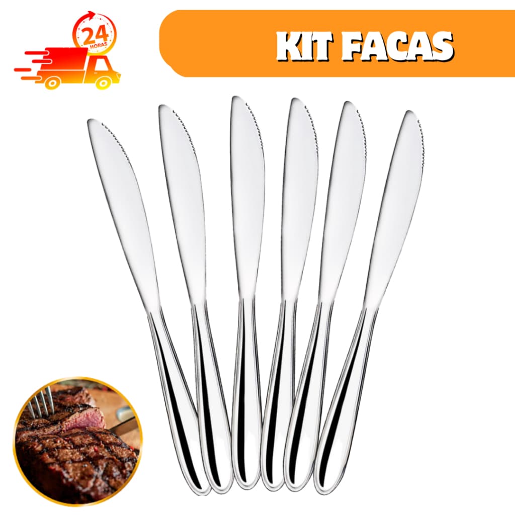 Jogo KIT Faca de Mesa, Churrasco com serra Talher restaurante de Aço Inox 21cm