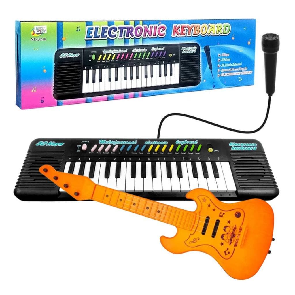 Kit Piano Teclado Musical Guitarra Infantil Com Microfone Guitarrinha Brinquedo Educacional