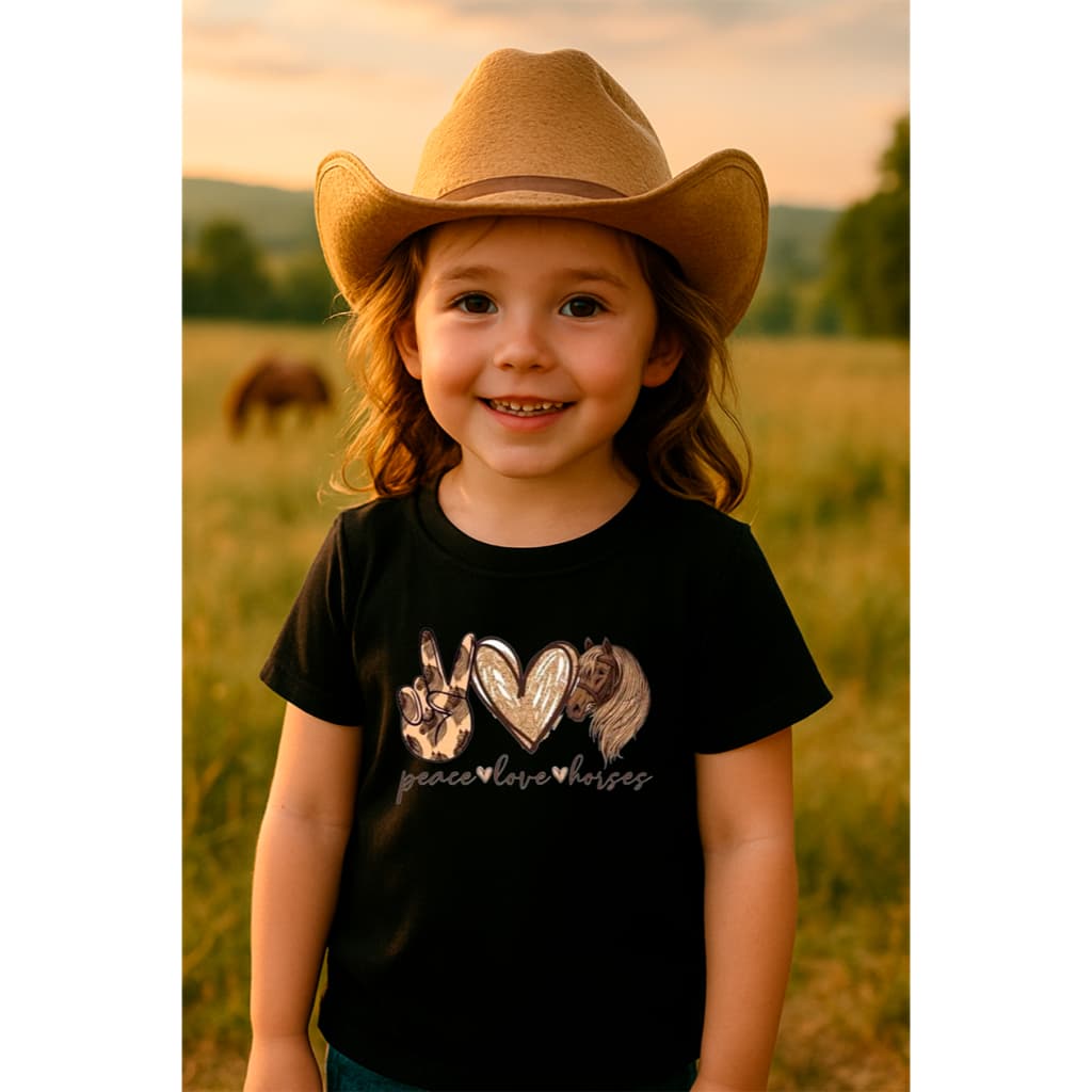 Camiseta Infantil Menina T Shirt Feminina Country Paz Amor Cavalo Lançamento