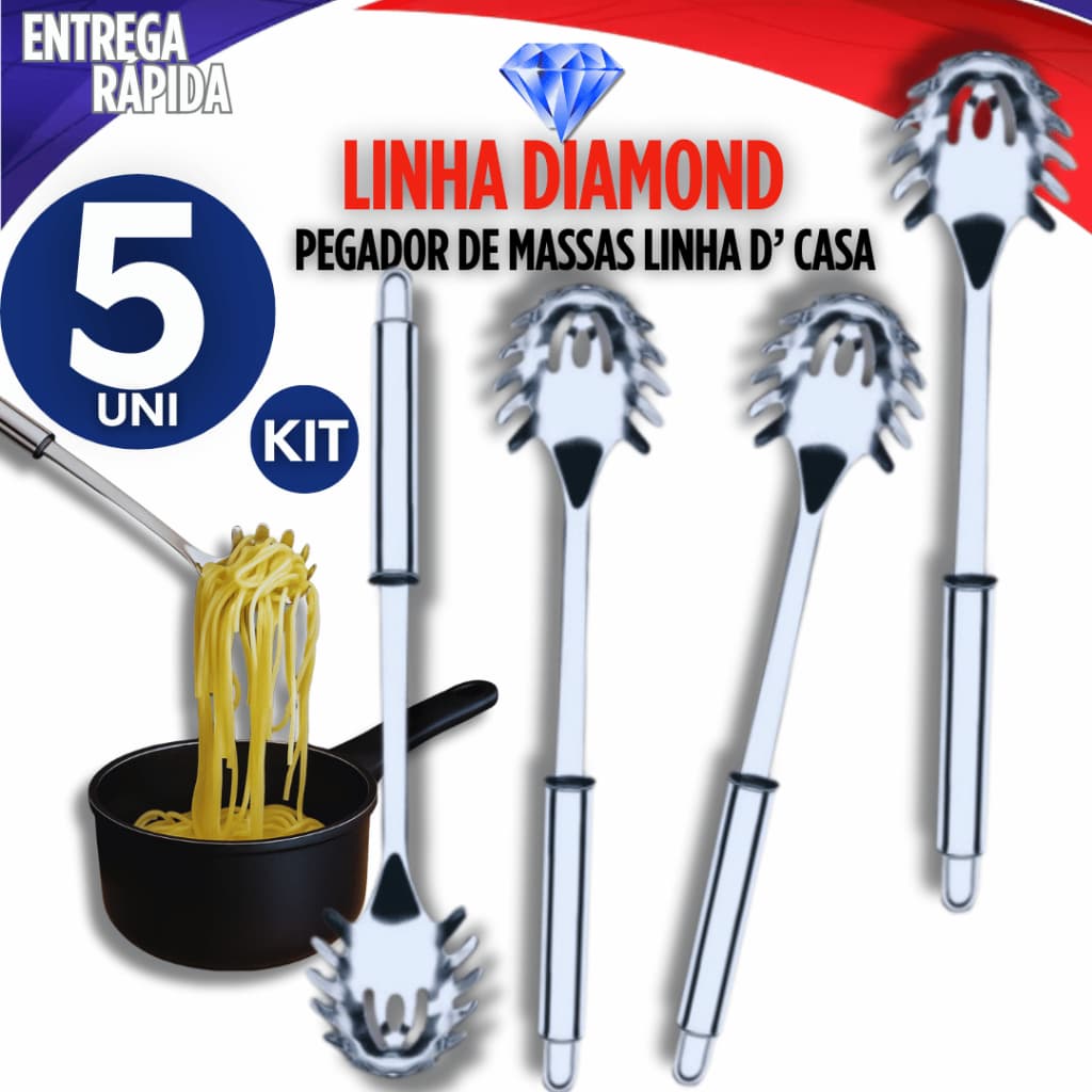 Jogo 5 Pegador De Massa Macarrão Inox Grande Utensilio De Cozinha 32cm Qualidade Garantida Resistencia e Durabilidade