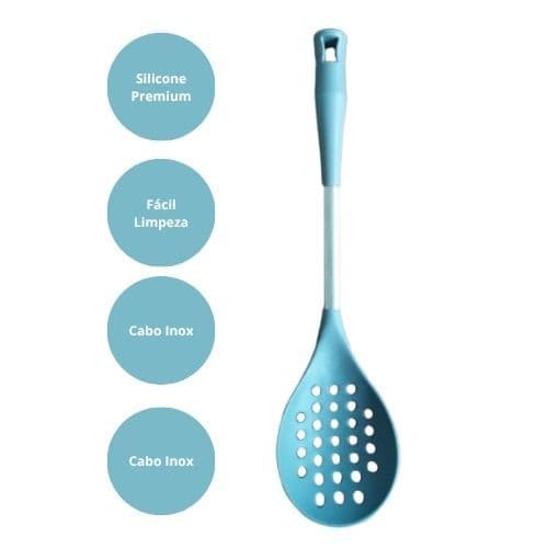 Utensílio de Cozinha Escumadeira Silicone Premium Cabo Inox Resistente ao Calor Fácil Limpar