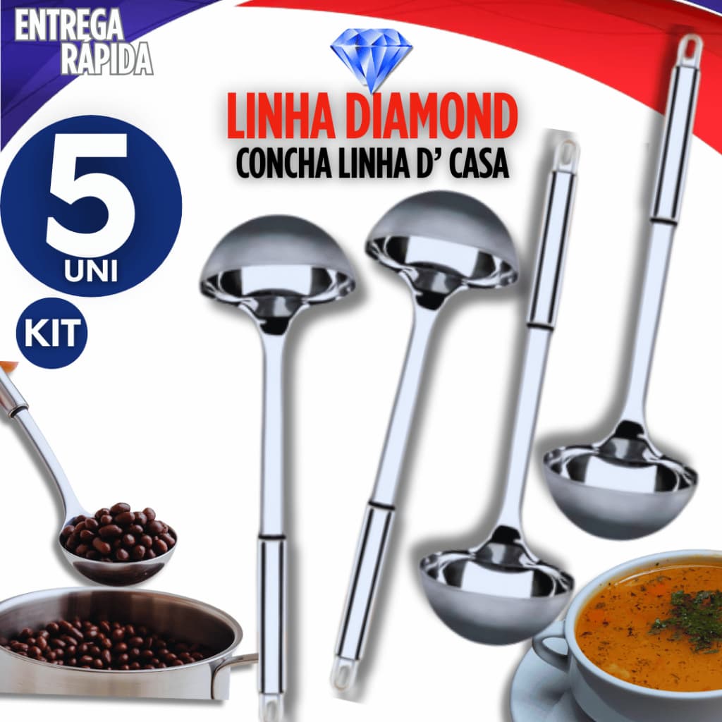 Combo 5 Concha de Aço 100% INOX utensílio de cozinha linha premium  Multiuso Resistencia e durabilidade para sua casa