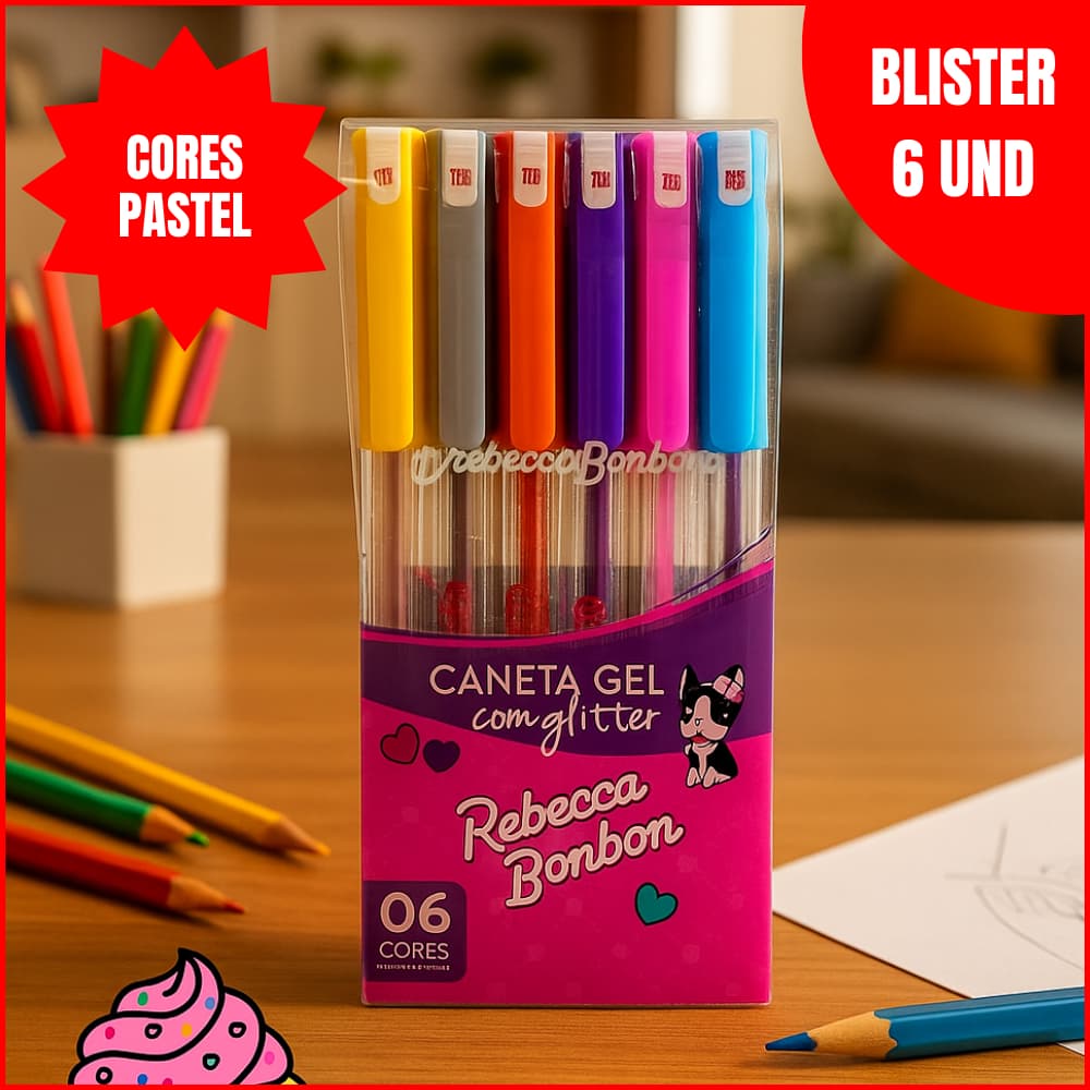Caneta em Gel Com Glitter Rebecca Bonbon Escolar Blister com 6 Canetas