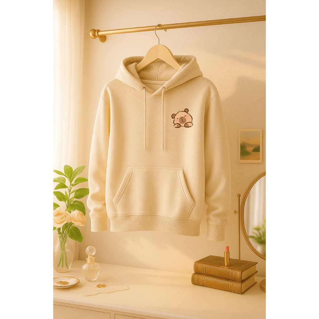 Moletom Blusa de Frio Canguru Algodão Minimalista Fofo Estampado Capivara Cute Tumblr Feminino Meninas Bege Preto