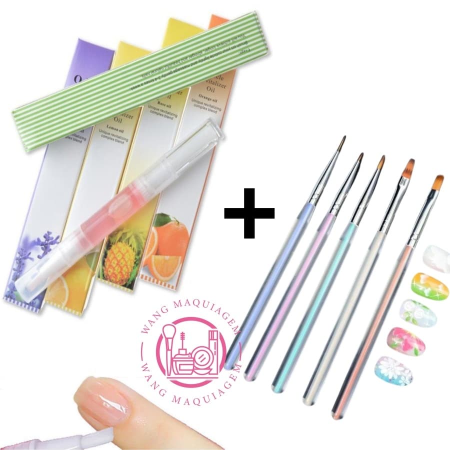 Conjunto Caneta Oleo Revitalizante Hidratante De Frutas + Kit 5 Pincéis Para Unhas Nail Art