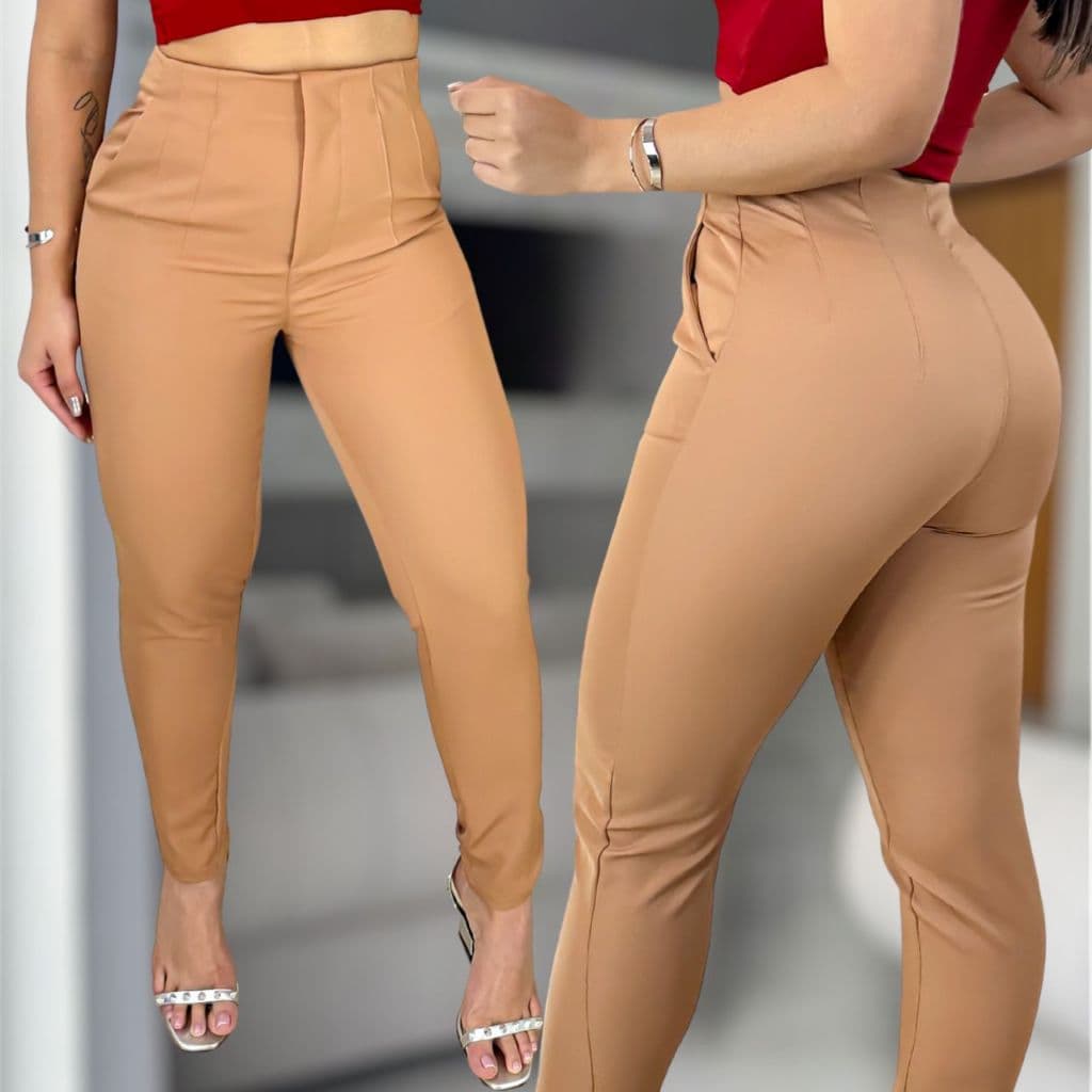 Kit 2 Calça Alfaiataria Social Feminina Cintura Alta Com Zíper Lateral Elegante Moderna