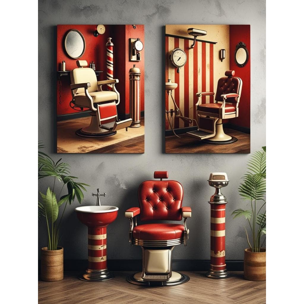 Quadros decorativos 2 peças Tema Cadeira de Barbeiro - Cadeiras grandes - Vermelho - Disponível em d