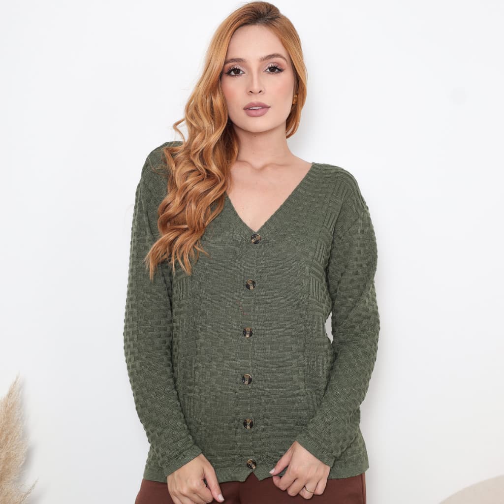 Casaco Feminino Cardiga em V Lã Tricot Trabalhado Manga Longa Elegante Botão Moda Outono Inverno