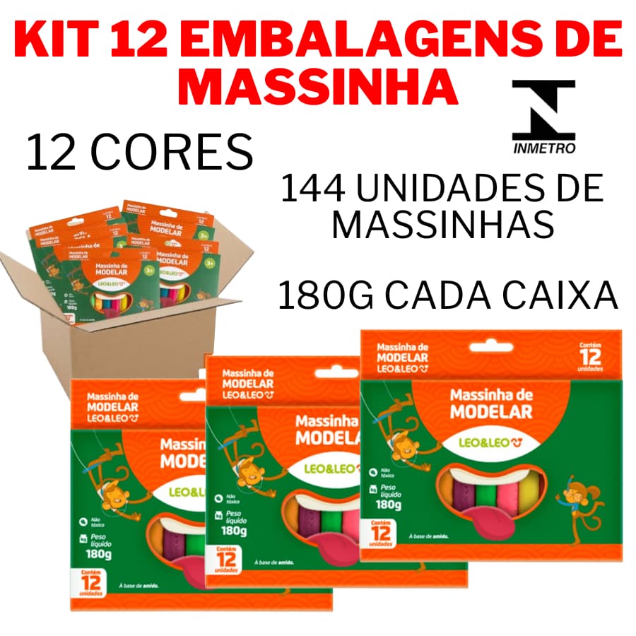 Kit 12 Caixas Massa Massinha De Modelar Leo&Leo 144UN 180g Infantil Escolar 12 Cores Não tóxica