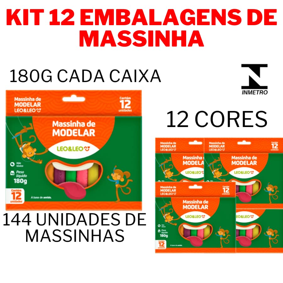 Kit 12 Caixas Massinha Massa De Modelar Leo&Leo 144UN 180g Infantil Escolar 12 Cores Não tóxica