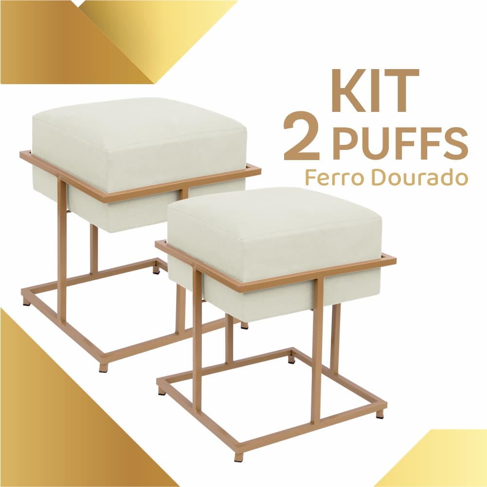 2 Puffs quadrado Reto ferro DOURADO, várias cores de tecido, consultório, escritório, quarto, sala