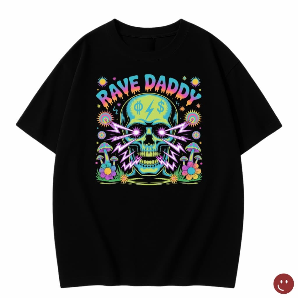 Camiseta Street Estampa Psicodélica Retrô Colorida - Blusa Masculina Rave Daddy 100% Algodão - Camisa Preta