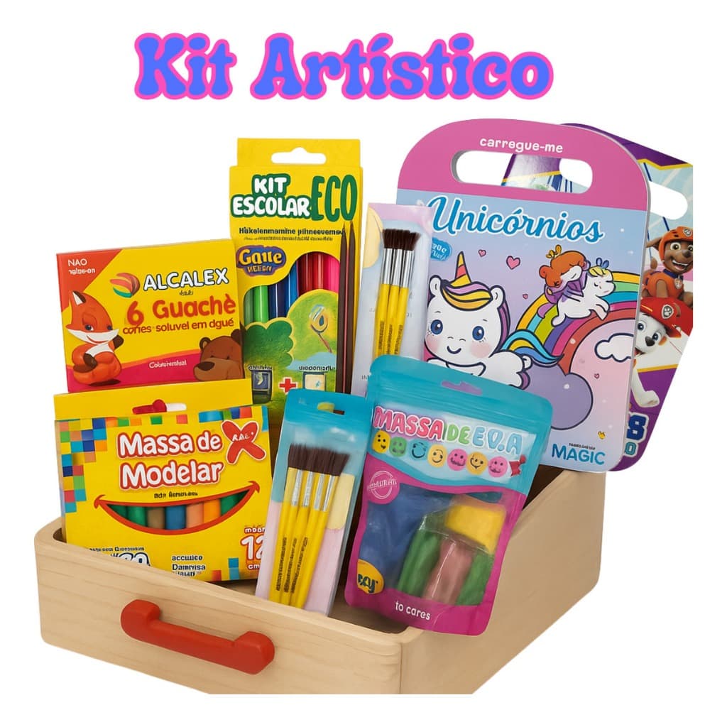 Kit Artístico - Massa de EVA + Pincéis + Tinta + Massa de Modelar + Lápis de Cor + Desenhos colorir