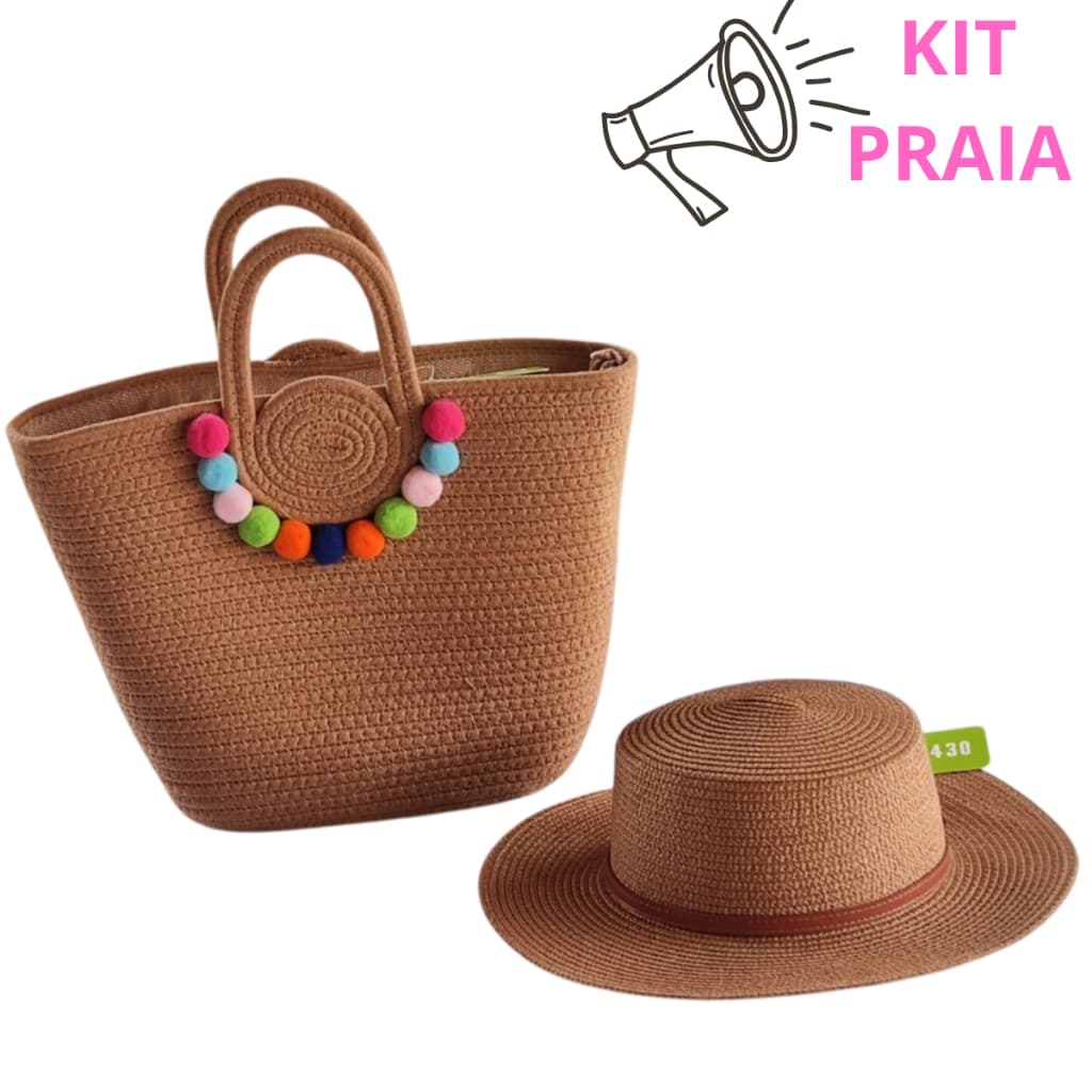 Bolsa de Praia com Chapéu de palha completo Grande Sacola Tote Artesanal Alça Ombro Moda Verão