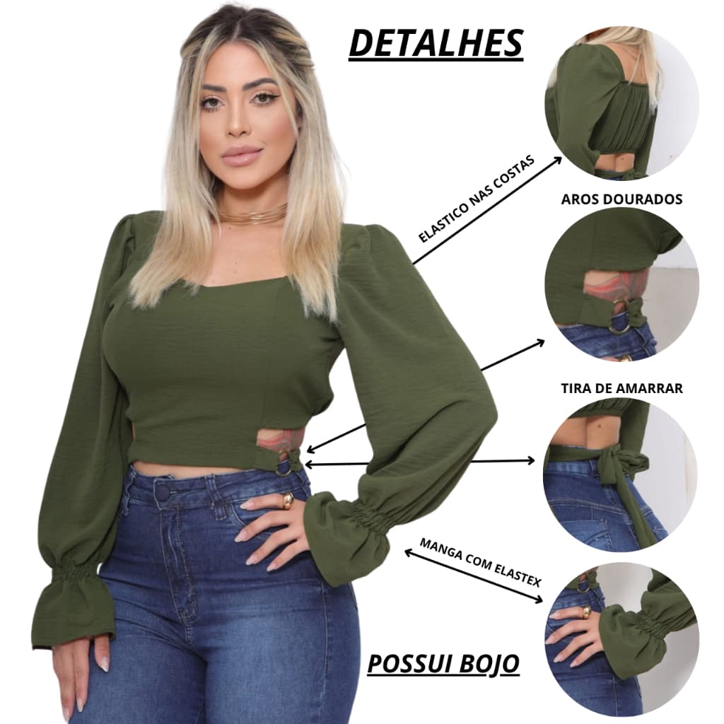 Blusa Feminina Cropped Modelo Princesa Elegante com Amarração nas Costas e aros dourados.