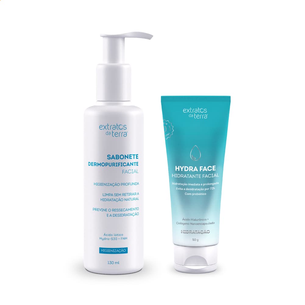 Kit Skincare Essencial com Sabonete Liquido Dermopurificante e Hidrante Facial Hydraface Extratos da Terra