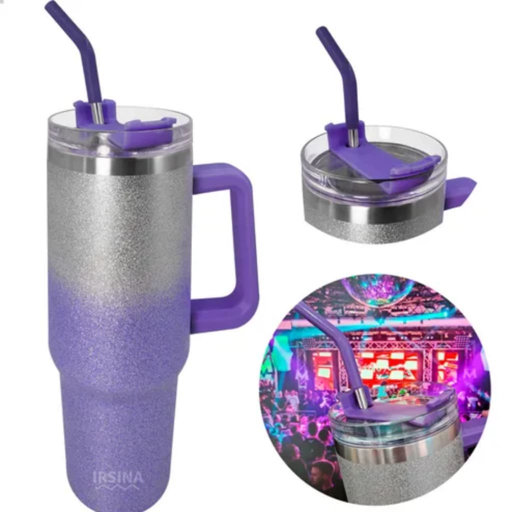 Garrafa Térmica Glitter Copo 1200ml Brilhante Bebida Fria Ou Quente Tampa Com Canudo Inox Alça Lateral Ergonômica Festa