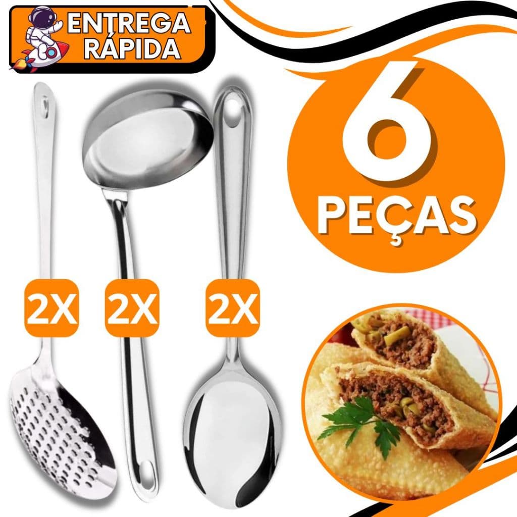 KIT CONJUNTO 6 Utensilio de Cozinha Colher de Servir, Cocha , Escumadeira  Arroz Feijão Aço Inox Serve Escorre Oleo