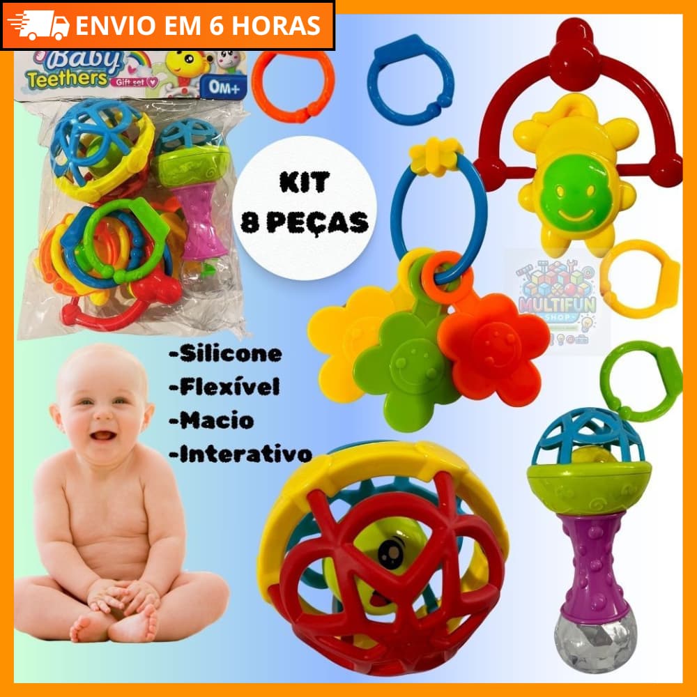 KIT CHOCALHO MORDEDOR  BRINQUEDO  PARA BEBÊ INTERATIVO SILICONE MACIO 8 PEÇAS – ENVIO IMEDIATO