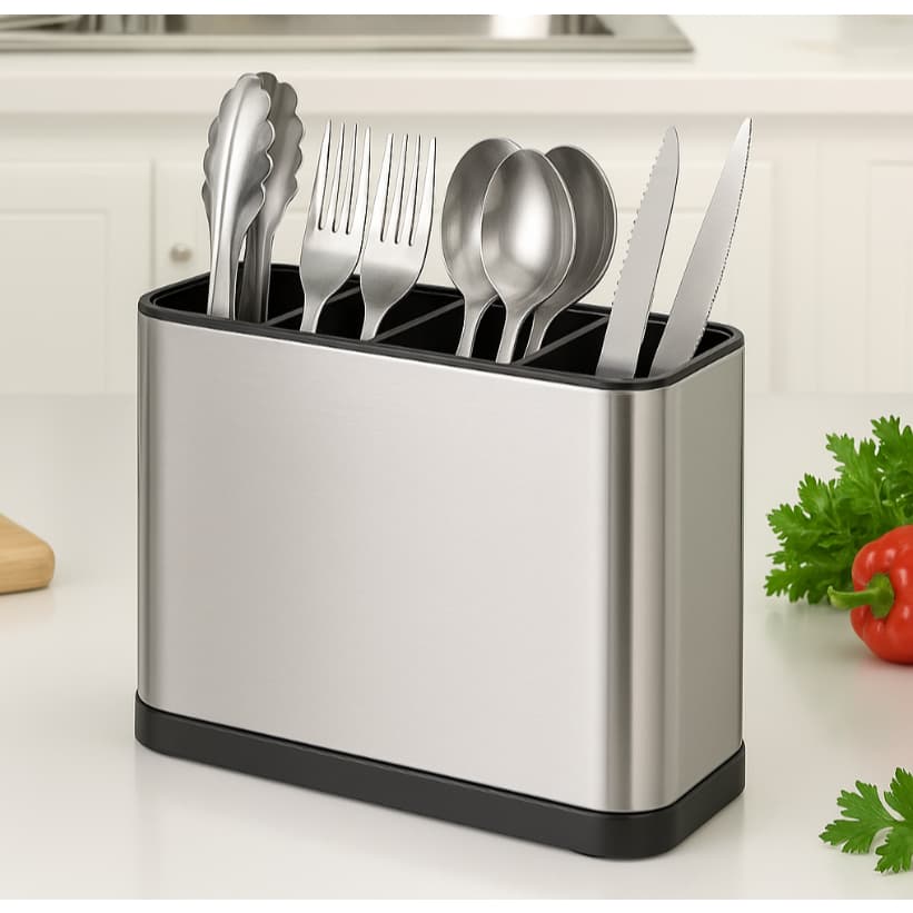 Porta Talheres Escorredor em Aço Inox Utensílios de Cozinha Organizador e Drenagem de Água na Pia