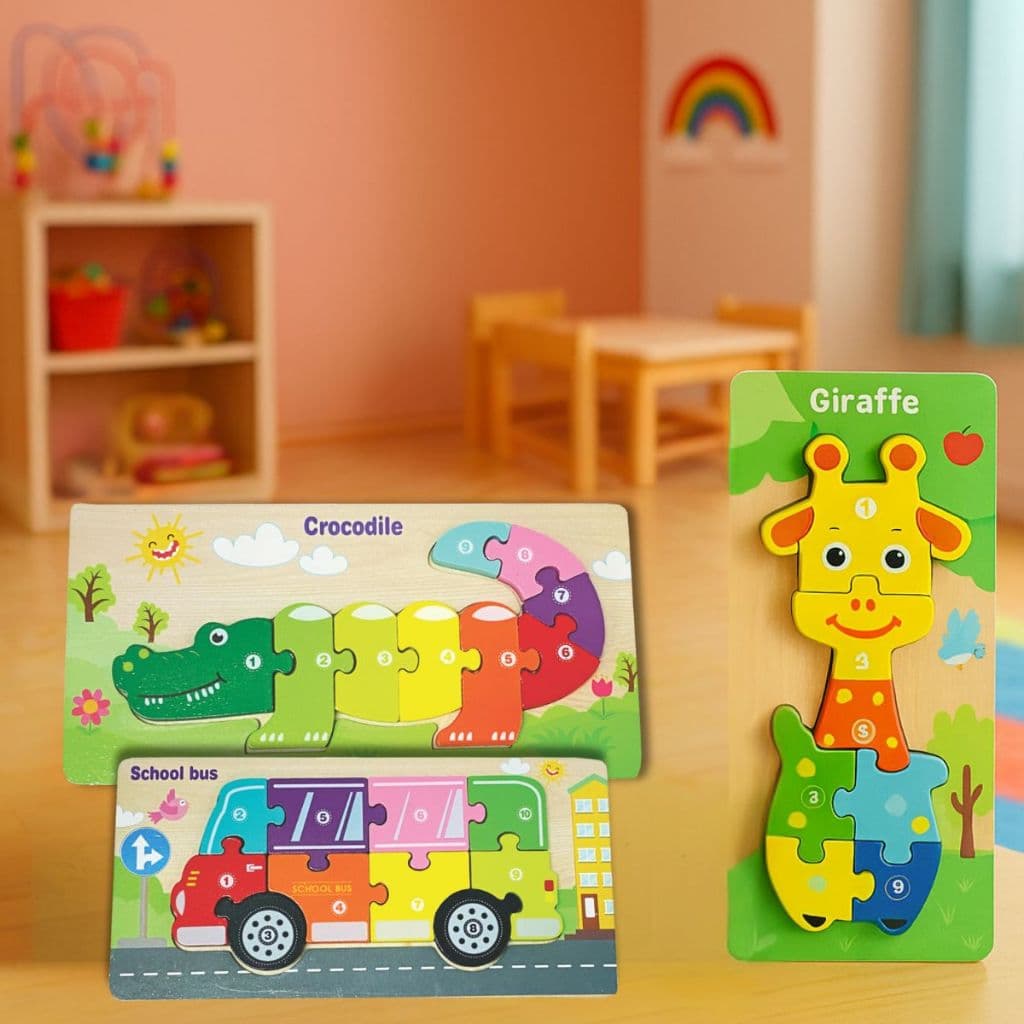 Brinquedo Quebra Cabeça MDF 3D Animais Transporte Encaixe Divertido Tabuleiro Animal Quebra Cabeça