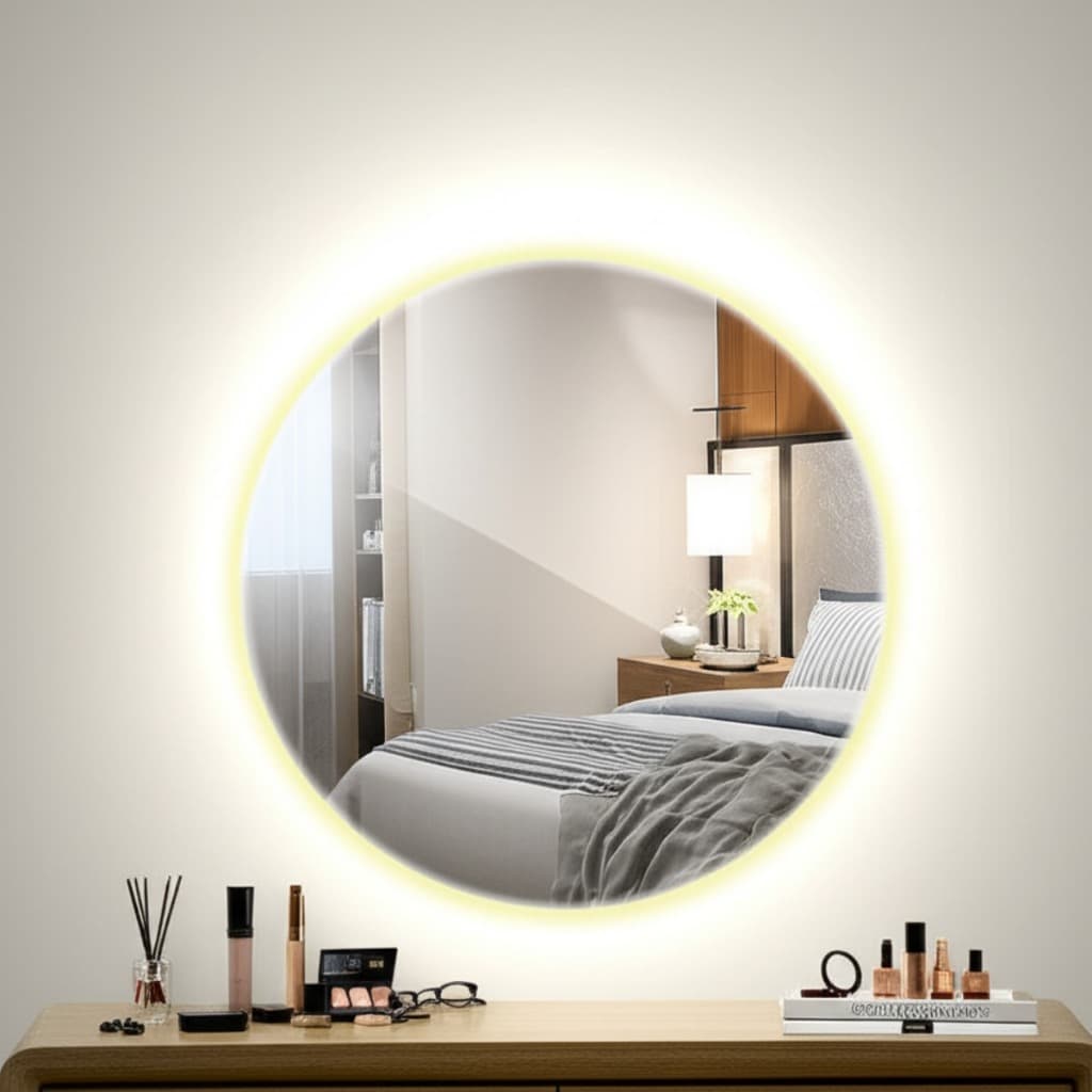 Espelho Redondo 50x50 Lapidado Led 3 Cores Luz Indireta Decorativo Luxo