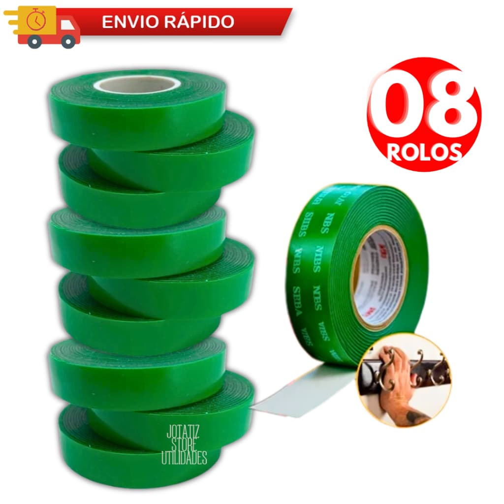 Fita Dupla Face 08/ 04/ 02 Rolos 2M - Dupla Face Para Parede - Fita Adesiva Fixa Extra Forte Transparente
