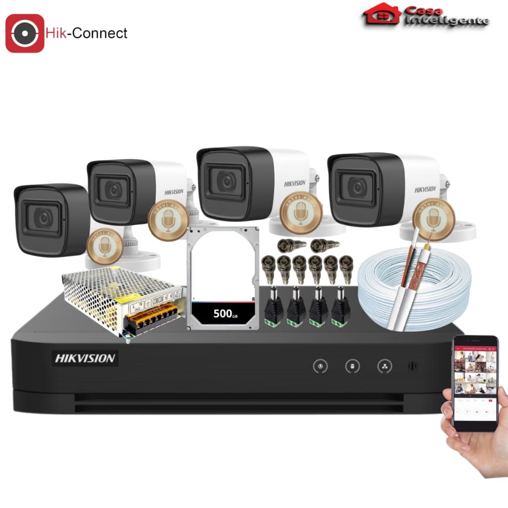 Kit Hikvision 4 Cameras Bullet C/ Audio Full HD Dvr 4 Canais + HD 500gb