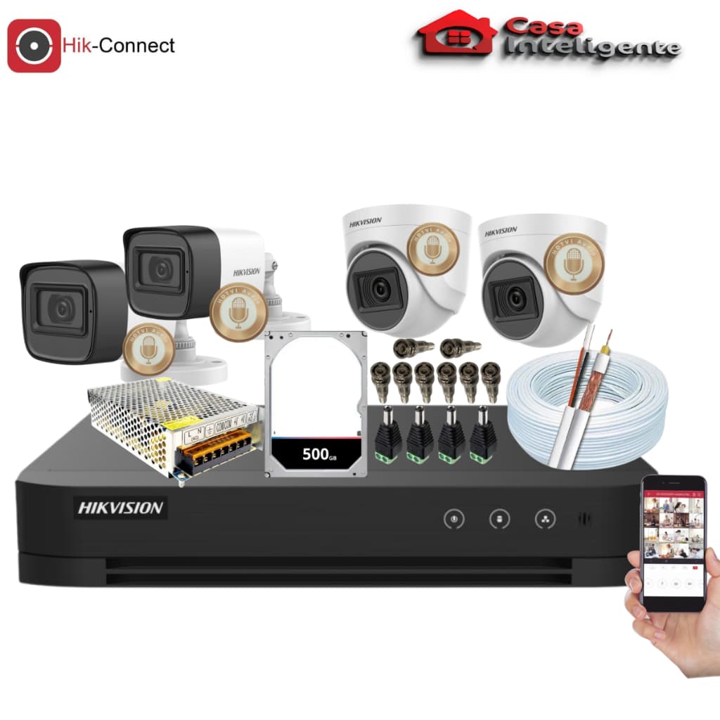 Kit Hikvision 2 Cameras Bullet C/ Audio + 2 Cameras Dome Full HD C/Audio Dvr 4 Canais + HD 500gb