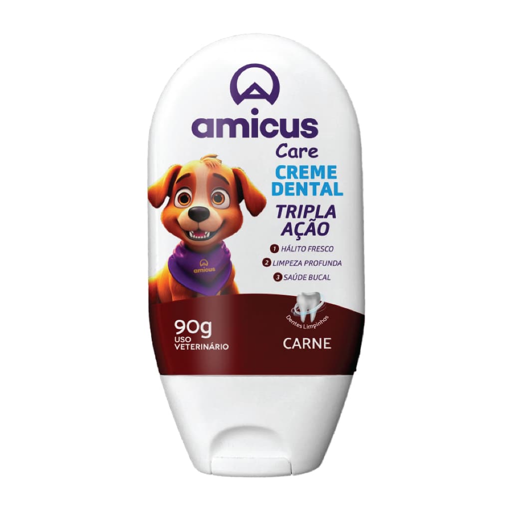 Pasta de Dente Amicus Care Tripla Ação 90g  Para Cães e Gatos  Sabores Creme Dental