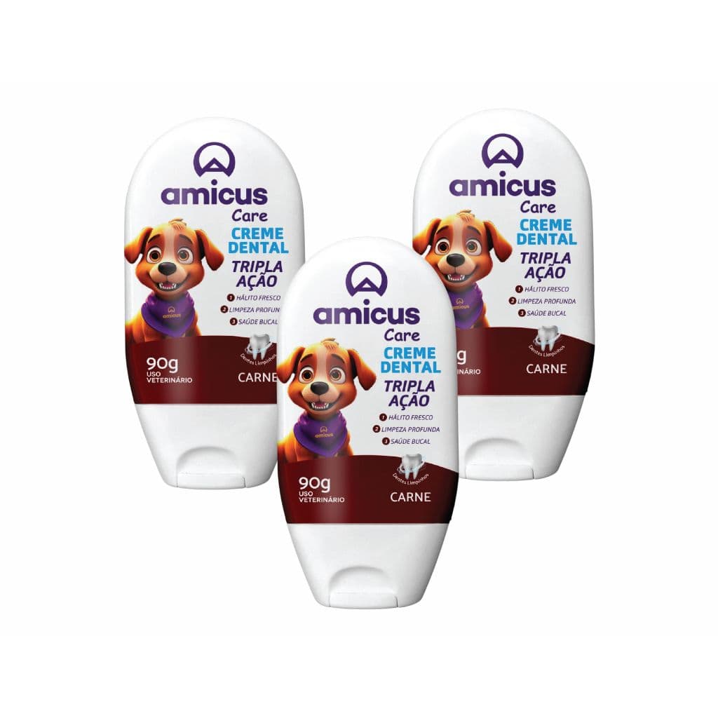 Kit 3 Pasta de Dente Amicus Care Tripla Ação 90g – Para Cães e Gatos Creme Dental
