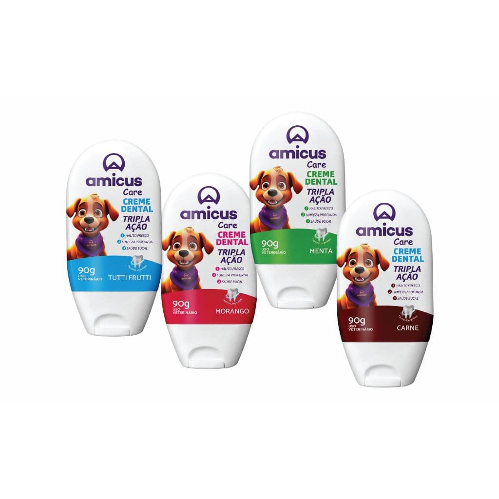 Kit 4 Pasta de Dente  Amicus Care Tripla Ação 90g  Para Cães e Gatos Creme Dental