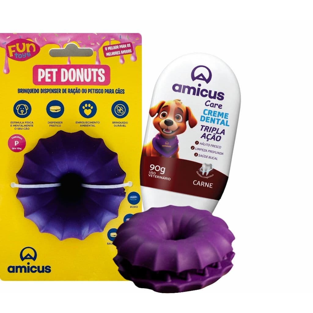 Kit Higiene Bucal Pet – Creme Dental Amicus 90g + Pet Donuts com Cerdas | Sabores Diversos