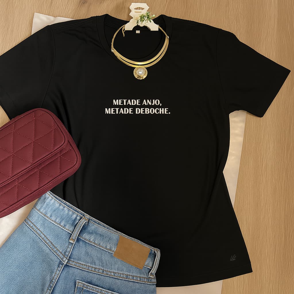 Camiseta Feminina  Frases Estilosas – 100% Algodão | Metade Anjo Metade Deboche