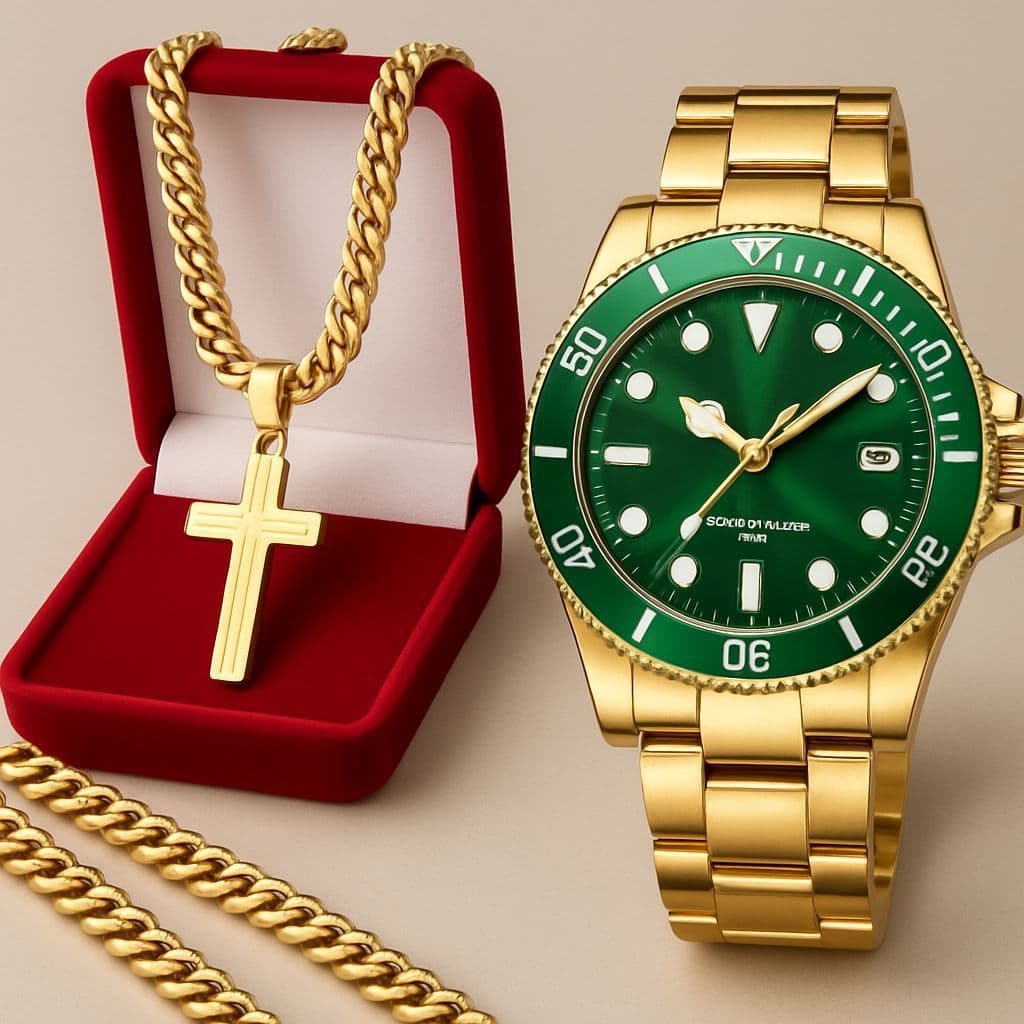 Kit Masculino Relógio Aço Rlex Original Prova Dagua + Colar Cruz  + Pulseira Dourado Promo black friday 2025